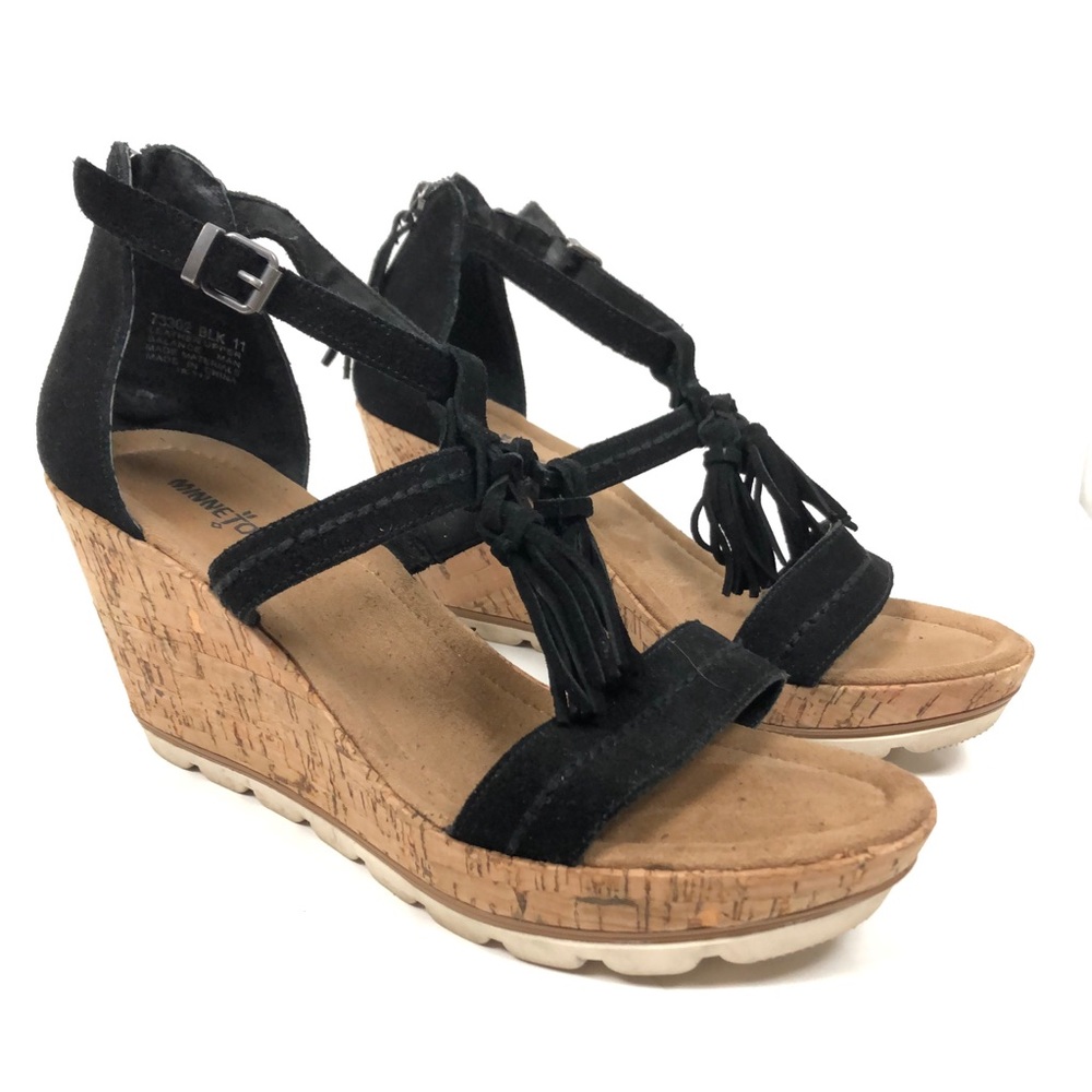 Minnetonka Lincoln Black Wedge Women Suede Sandals